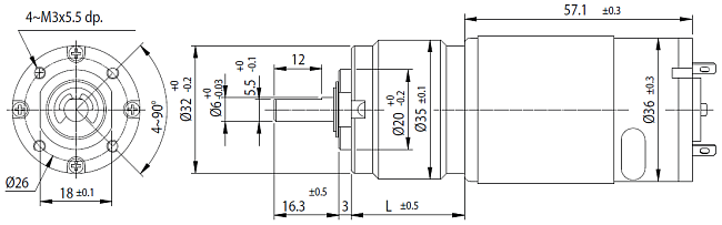 Serie PG350 - Abmessungen Gleichstrommotor mit Planetengetriebe