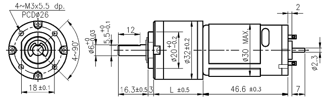 Serie PG321 - Abmessungen Gleichstrommotor mit Planetengetriebe