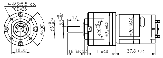 Serie PG320 - Abmessungen Gleichstrommotor mit Planetengetriebe