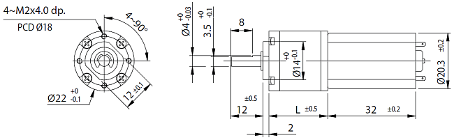 Serie PG220 - Abmessungen Gleichstrommotor mit Planetengetriebe